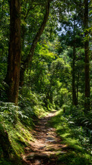 Naklejka premium Forest Path: A sun-dappled trail winds through a lush green forest canopy.