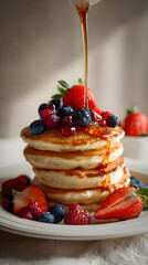 Stack of pancakes topped with assorted berries and syrup being poured on the pancakes