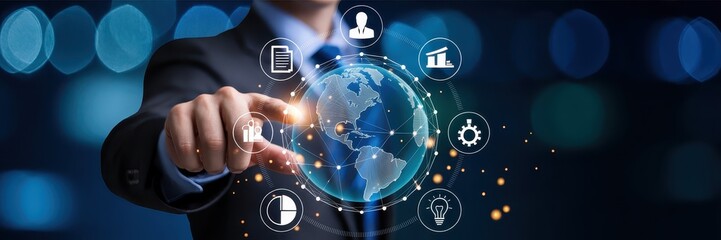 Global business strategy displayed through digital interface.