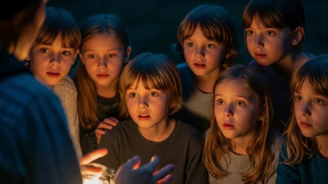 Group of captivated children with wide eyes huddle together, their faces illuminated by a warm glow, listening intently to a story being told, embodying childhood wonder and the magic of storytelling 