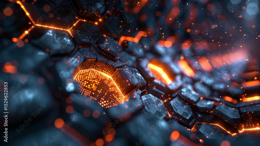 Fototapete an abstract digital artwork depicting glowing hexagonal structures filled with energy and light, rep