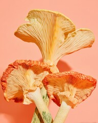 Surreal close-up of exotic orange mushrooms with sculptural forms and textured stems on pink surface. Modern abstract food concept or fantasy botanical specimen.