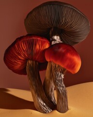 Three vibrant mushrooms with ribbed stems and dramatic red caps growing on golden sand under warm studio lighting. Surreal botanical still life with fantasy aesthetic.