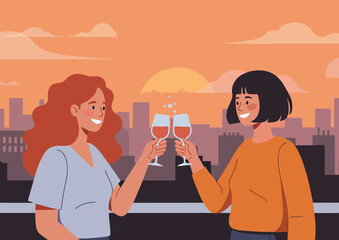 Two friends clinking glasses of champagne while enjoying a sunset view over the city