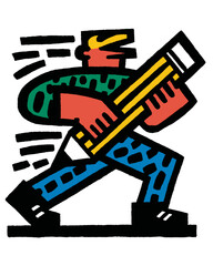 Bold Illustration of Person Carrying Large Pencil in Motion