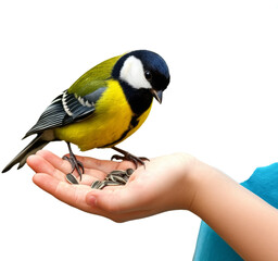 Bird eating seeds from a person's hand, close-up view, transparent background png