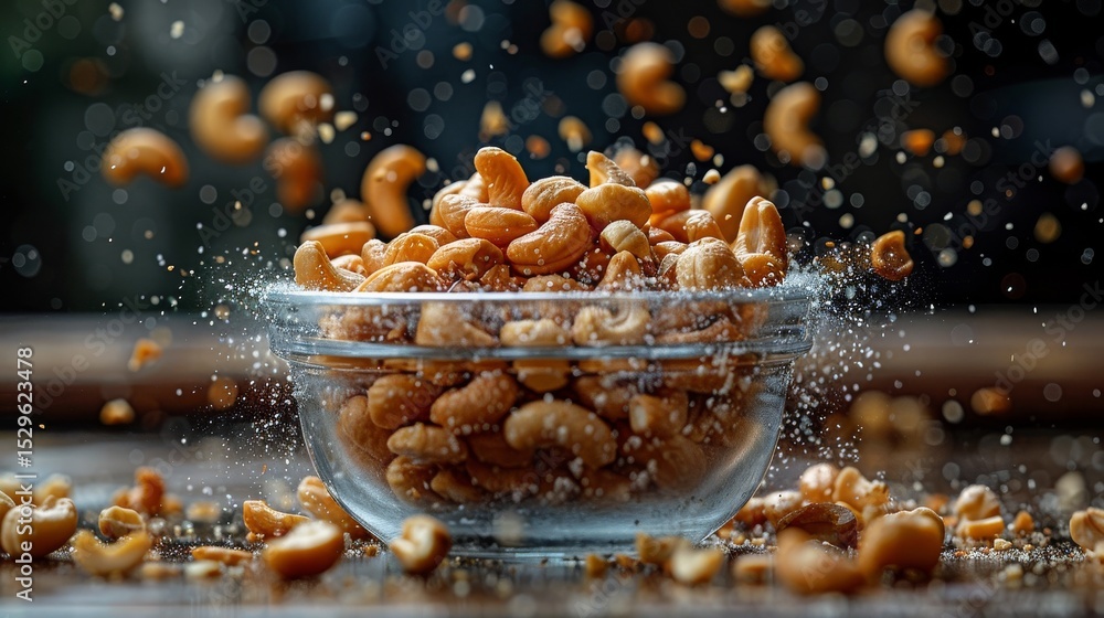 Aufkleber cashews are exploding out of a glass bowl with a sprinkle of sea salt around them, showcasing their 