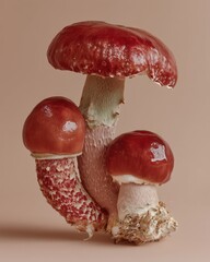 Three glossy red mushrooms with textured stems and velvety skin on a soft beige background. Futuristic botanical close-up concept.