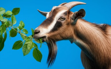 Goat eating leaves on a bright, solid background