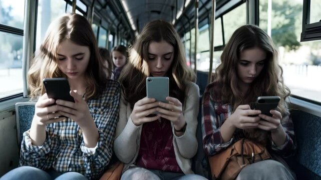 Three girls are sitting on a bus, each looking at their smartphone.concept of digital addiction. Immersed in their digital world, they ignore people and everything around them.