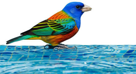 Colorful bird perched on a pool edge, transparent background png