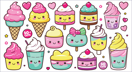 Cute Kawaii Desserts Collection Ice Cream Cake And Cupcake Illustration