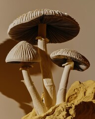 Three pale sculptural mushrooms with ribbed caps and textured stems emerging from dry yellow terrain. Minimal desert-inspired fungal structure.