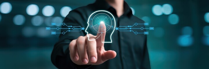 Person interacting with a digital representation of a human head and connecting circuitry.