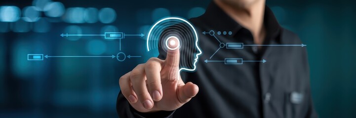 A hand points to a digital representation of a human head with interconnected systems.