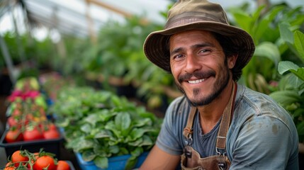 Obraz premium A joyful farmer poses contentedly amidst thriving greenery and tomatoes in a greenhouse, reflecting the hard work and love put into cultivating fresh produce for the community.