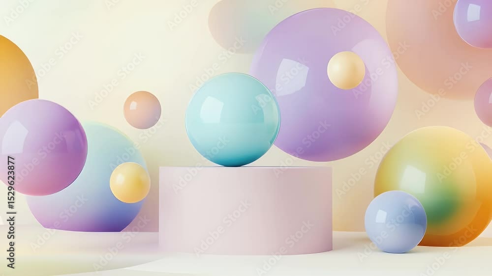 Poster pastel spheres and geometric shapes abstract composition with soft lighting and three dimensional el
