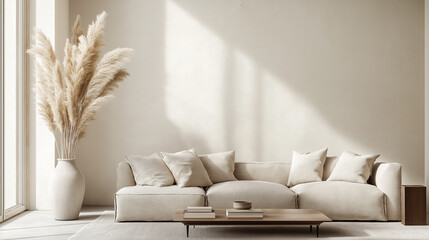 Modern Neutral Living Room with Blank Wall for Artwork