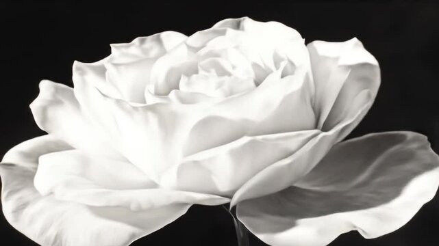 Dramatic single white rose blossom in monochrome against stark black backdrop video
