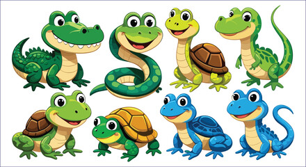Naklejka premium Group Of Cute Cartoon Reptiles And Amphibians On White Background