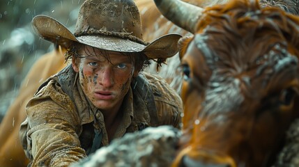 A young cowboy, dirty and focused, works diligently amid the herd, illustrating the rugged determination and steadfast spirit associated with ranching and rural life.
