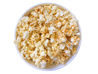 Top view of a bowl filled with delicious caramel and butter popcorn, isolated on white background. Perfect snack for movie night, party, or food advertisement.