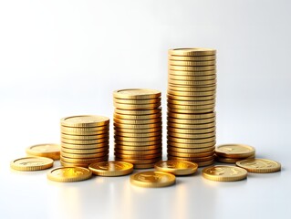 Golden coin stacks isolated on a white background symbolize wealth and financial success