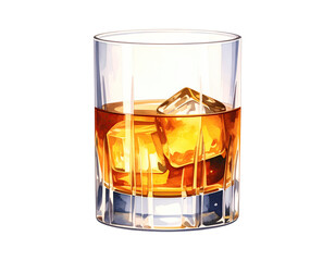 Watercolor illustration of whiskey drink with ice cubes. Whiskey drink illustration in hand-drawn watercolor