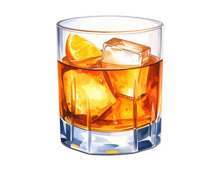 Watercolor illustration of whiskey drink with ice cubes. Whiskey drink illustration in hand-drawn watercolor