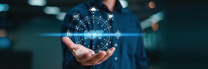 Person holding a digital representation of the internet of things.