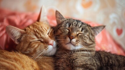 Two adorable cats snuggle closely together, exuding warmth and companionship in a cozy setting, perfectly capturing the essence of love, comfort, and shared moments.