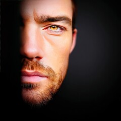 Obraz premium Closeup Portrait of a Serious Man's Half Face in Shadowy Light