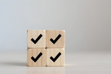 Wooden blocks with checkmarks symbolize completion success achievement goals task management strategy planning checklist