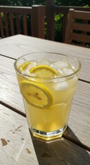 A Photo of Refreshing Iced Lemonade Drink with Lemon and Ice on Table