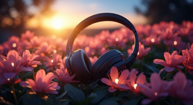 Headphones Resting in Pink Flower Field at Sunset Sounds of Nature.