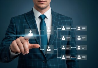 Businessman using innovative technology to manage his team organizational chart efficiently improving workplace productivity.