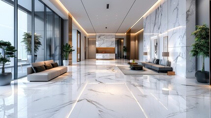 A spacious and elegantly designed modern lobby features stylish furniture and artistic decor elements, creating an inviting atmosphere for guests in a contemporary setting.