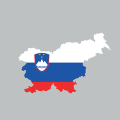 Map of Slovenia with flag, sign silhouette. World Map Globe. Slovenian national symbol in official colors. Template icon. Vector Illustration isolated on white background. Europe continent.
