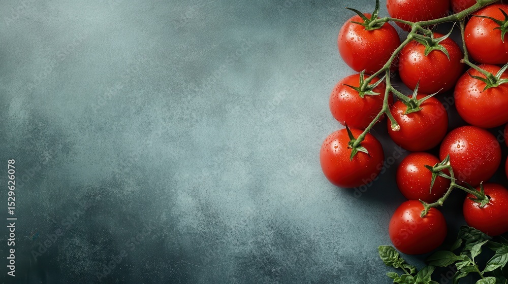Poster a vibrant display of fresh tomatoes with droplets on a dark matte surface, emphasizing their freshne