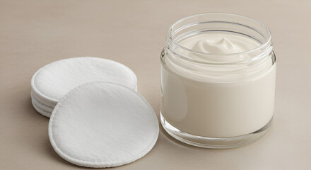 Creamy Skincare Jar and Cotton Pads on a Neutral Background Close Up