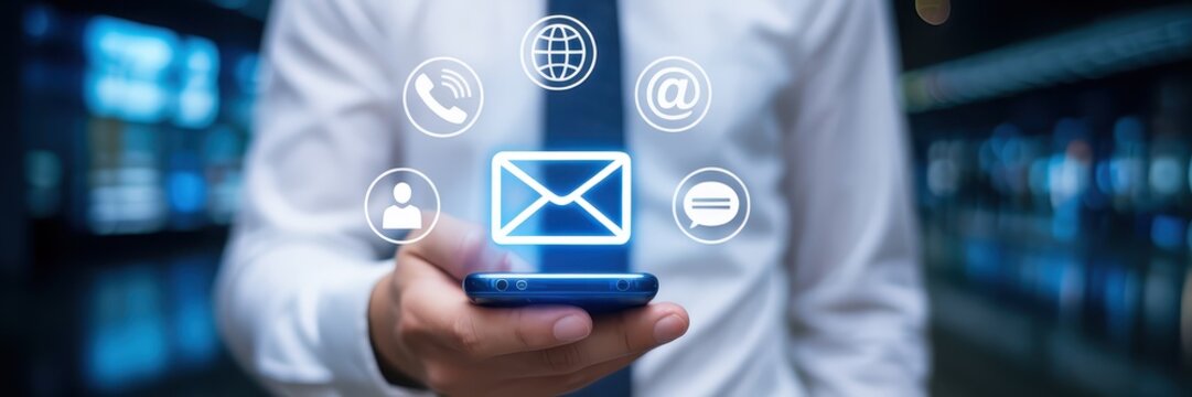 Mobile phone displays contact information icons.