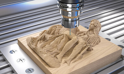 Modern cnc machine carving intricate details of a wooden statue 3d