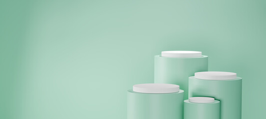 Four elegant cylindrical podiums of different heights with white platforms set against a pastel green background, Modern minimalist product displays, branding visuals, 3D render product.