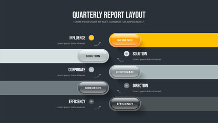 Company Plan Five Element Diagram Slide Template. Digital Forecast Presentation Design Vector Illustration. Product Showcase 5 Step Infographic Slideshow Layout.