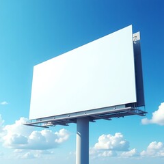Blank billboard against a clear blue sky with puffy white clouds.