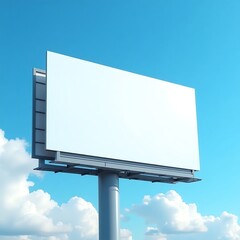 Fototapeta premium Blank billboard against a clear blue sky with puffy white clouds.