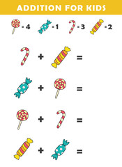 Addition for Kids. Fun Math Logic Puzzles for Kids. Math Game with Cute Candy Illustration. Math Activities for Children.	