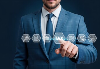 Businessman using digital technology for tax planning and financial management solutions.