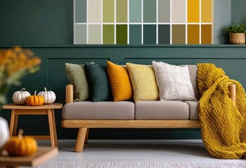 Color palette for a living room with green, mustard, and pumpkin colors.