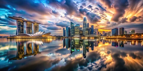 Fototapeta premium Double exposure captures Esplanade, Marina Bay Sands, and ArtScience Museum in a vibrant Singapore nightscape.